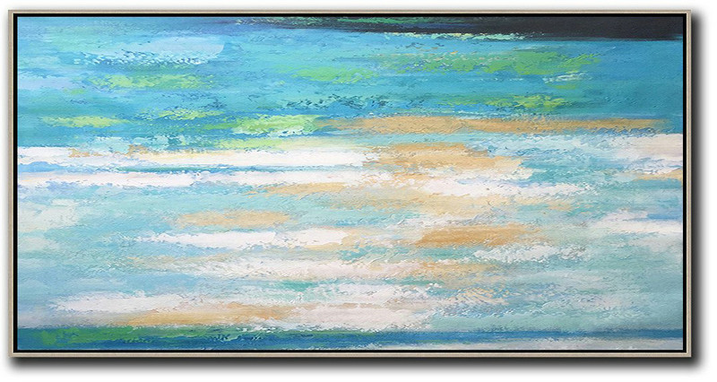 Large Modern Abstract Painting,Horizontal Palette Knife Contemporary Art,Textured Painting Canvas Art Lake Blue,White,Yellow